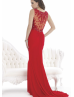 Red Lace Chiffon Beaded Slit Prom Dress